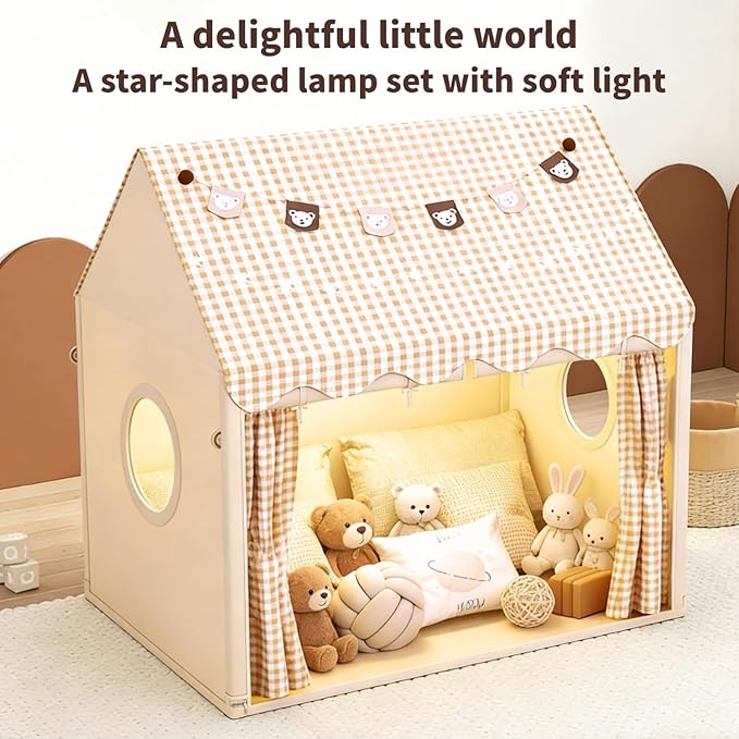 Large Kids Tent,Children's Play Tent, Toy House with Star Light & Birthday Party Decoration, Playhouse, Indoor & Outdoor,Unisex,Birthday Gift for Kids, Khaki