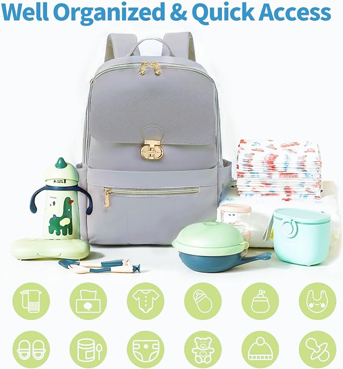 Baby Diaper Bag Backpack Medium Baby Bag with Laptop Compartment, Travel Backpack Purse Stylish Compact Baby Bag with Insulated Pockets (Gray)