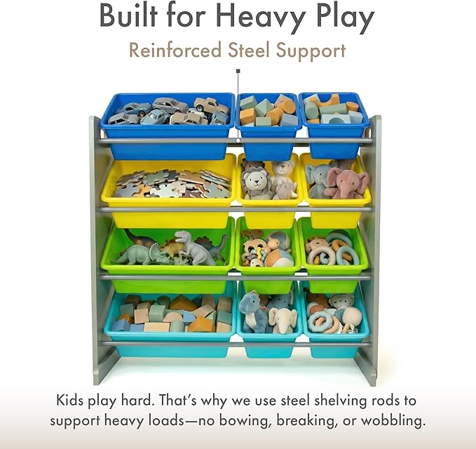 Humble Crew Kids Toy Storage Organizer with 12 Plastic Bins, Grey/Blue/Green/Yellow ??Removable Bins for Playroom, Bedroom, Toddler Furniture for Boys and Girls Ages