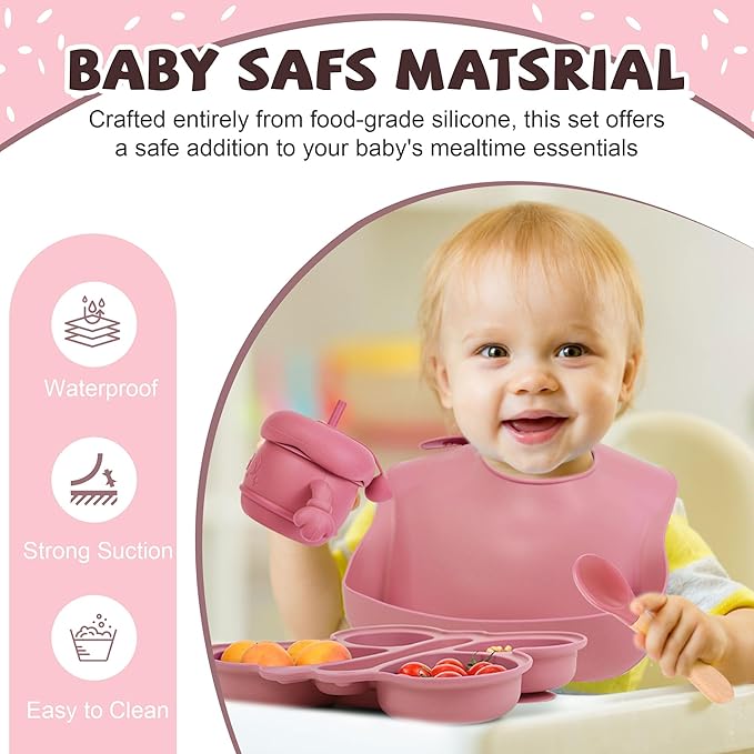 Silicone Baby Feeding Set, Baby Led Weaning Supplies, Silicone Suction Butterfly Plate, Bowl, Spoons, Fork and Waterproof Bib & Cloth Bib, Eating Utensils Baby Feeding Essentials (Pink)
