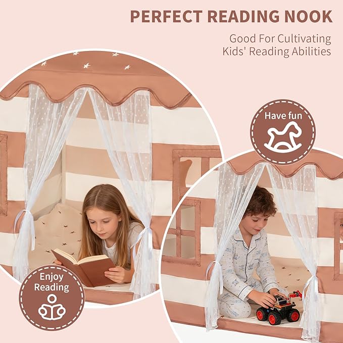 Large Kids Tent Indoor with Padded Mat & Star Lights, Playhouse for Ages 3-8, Play Tent Indoor Outdoor, Reading Nook, Role Play Kids Toys, Toddler Tent for Boys Girls Birthday Gift