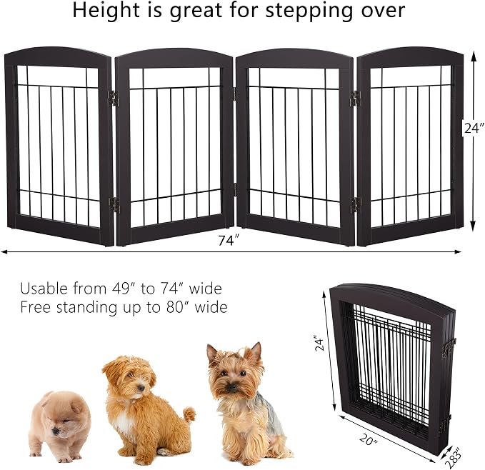 Dog Gate - 4 Panel Foldable Pet Gate Indoor for Doorways, House, Stairs, Freestanding Gate for Dogs - 80x24 -Inch Puppy Safety Fence by PAWLAND, Espresso