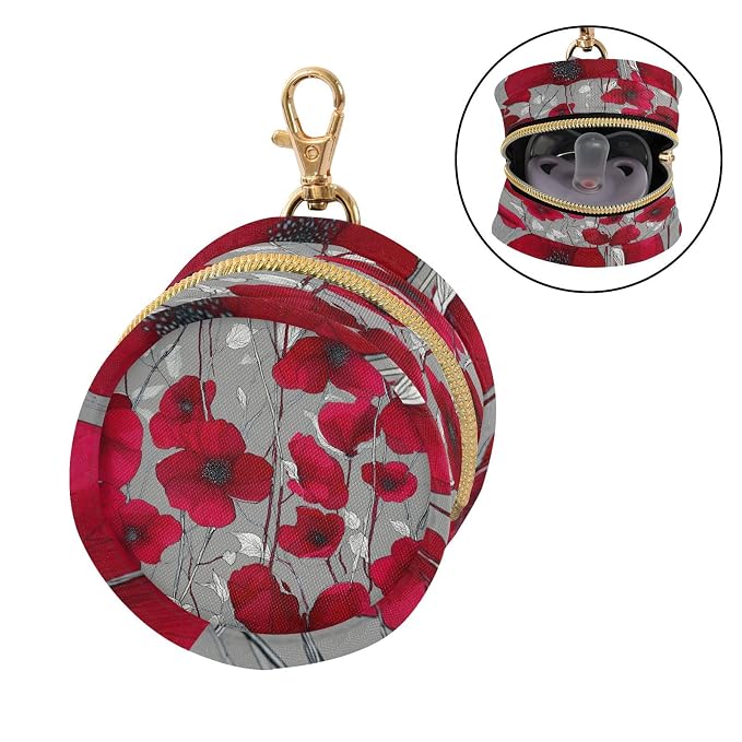 Pacifier Holder with Clip Pacifier Case for Diaper Bag Round Baby Pacifier Pouch Box Bag Portable Grey and Red Vintage Poppy Flowers01