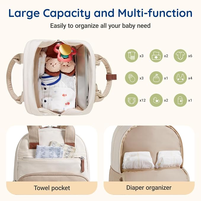 mommore Diaper Bag, Large Baby Diaper Bag with Quick-access Insulated Pockets, Changing Pad, Functional Travel Backpack with Luggage Strap, Stroller Straps