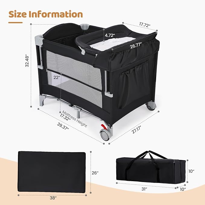 JOYMOR 5-in-1 Pack and Play with Bassinet and Changing Table, Lightweight Travel Crib, Foldable Baby Playard, Waterproof Changing Top, Carry Bag & Wheels