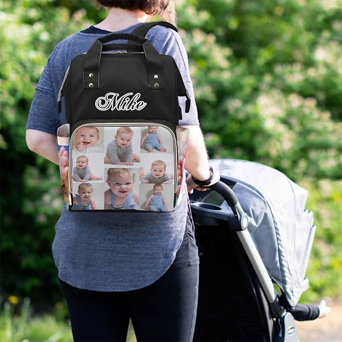 M YESCUSTOM Custom Diaper Bag with Name & Photos for Women Mom Dad, Personalized Black Diaper Backpack with Text Waterproof Nappy Mommy Daypack Bags for Mother's Day New Born Gift