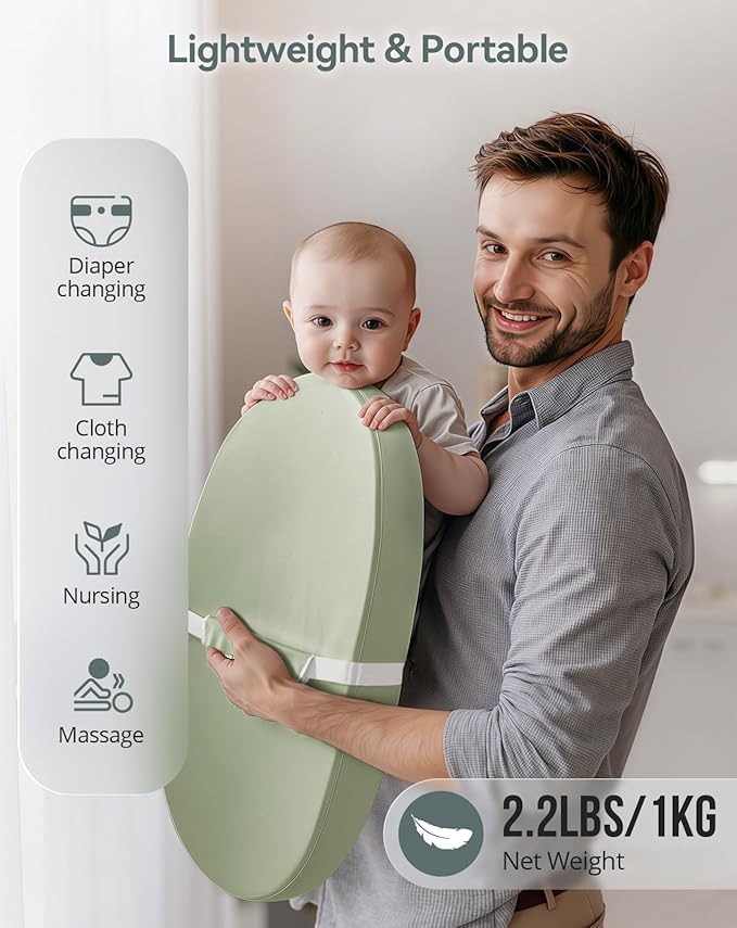 COMOMY Baby Changing Pad with Wipeable & Waterproof PU Cover, Contoured Diaper Changing Pad for Dresser with Non-Slip Safety Belt, Portable and Lightweight, Large Cushioned Foam, Green