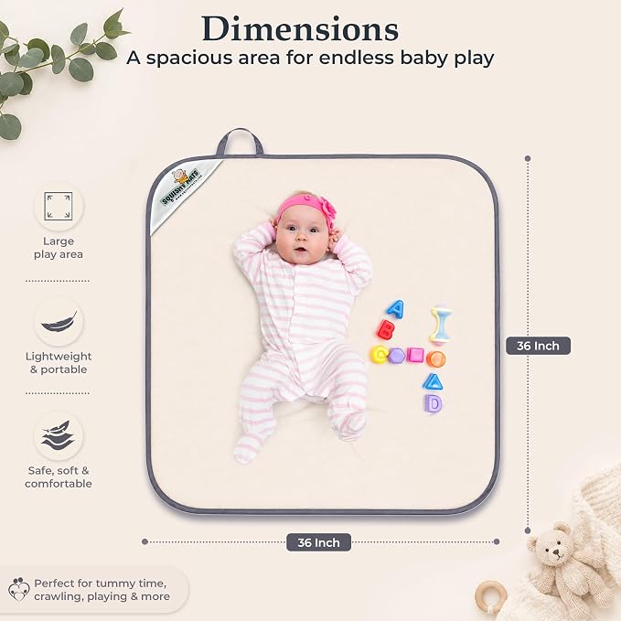 Squishy Mats Baby Play Mat | 36" x 36" Memory Foam Infant Floor Pad with Minky, Folds for Travel – No Small Parts, Non-Slip, Machine Washable, Soft Play Surface for Babies & Toddlers