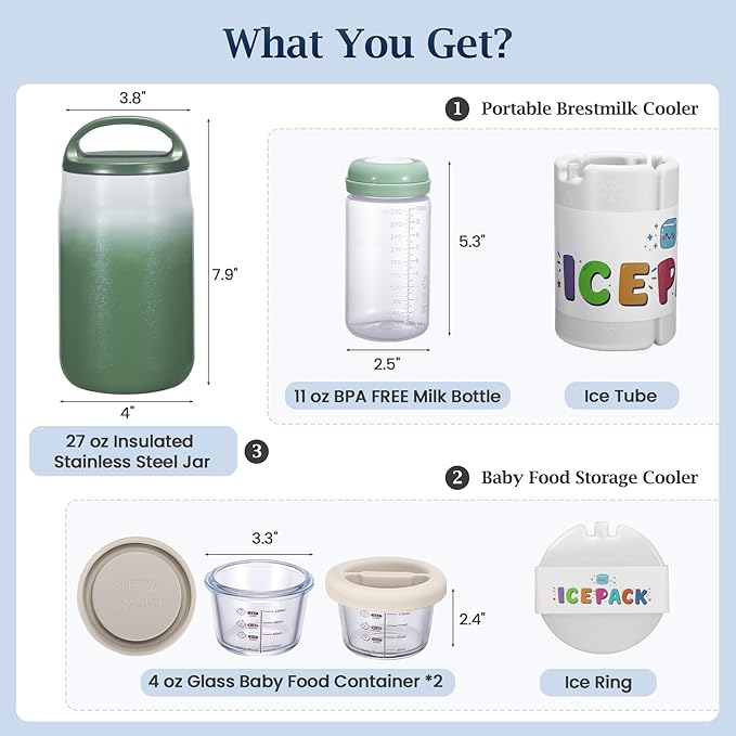 3-in-1 Breast Milk Cooler for 24H 360° Cooling, 11oz Breastmilk Chiller with Bottle & 8oz Baby Food Containers & 27oz Insulated Food Jar, Fits from Baby to Adult for Outdoor, Work & Travel - Green