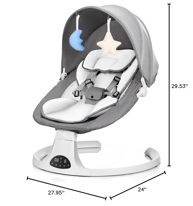 Baby Swing for Newborn to Toddler, 5 Speed Portable Infant Swing with Smart Touch Control, Remote Control, 10 Lullabies, Timer, 5 Point Harness and Soft Fabric (Grey)