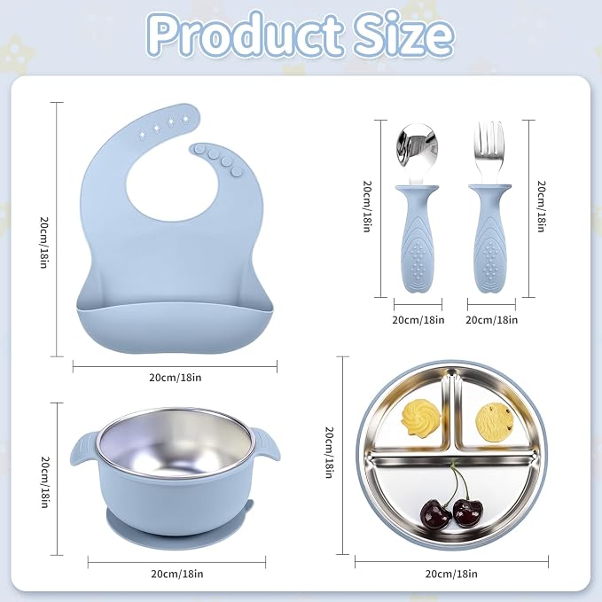 5-in-1 Stainless Steel Baby Feeding Set, Suction Divided Plates, Bowls, Silicone & Stainless Spoon Fork, Baby Tableware for Self-Feeding, Durable, BPA-Free (Blue)