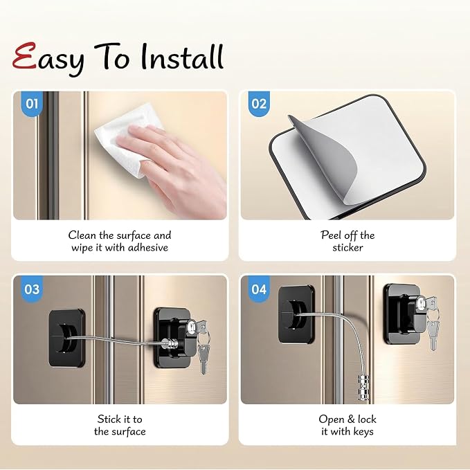 Child Safety Device Refrigerator Door Lock with Key and Adhesives, Cabinet Restrictor Cable for Baby and Toddler, Lock for Cupboards, Drawers, Fridge, Wardrobe, Black, Pack of 1