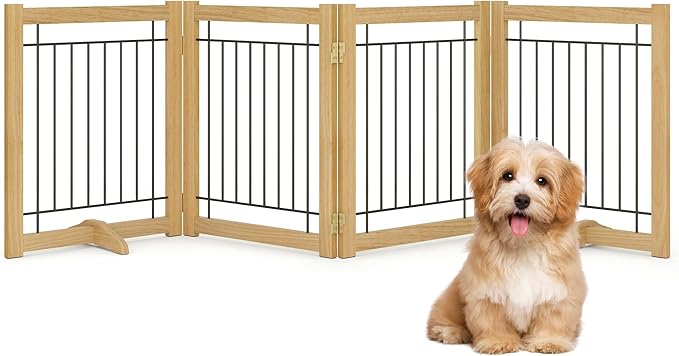 Acovy Wire Dog Gate Solid Wood Frame, Anti-Chewing, 4-Panel, 24" Height, 80" Width, Indoor Freestanding Pet Gate Foldable Wooden Dog Fences for Stairs, House, Doorway, Oak Color