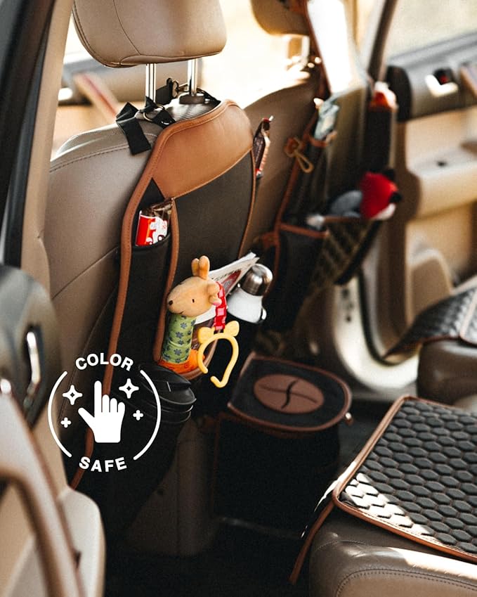 Owleys Back of Seat Organizer for Kids | Car Storage Caddy ??8 Pockets + Transparent Tablet Holder | Waterproof Eco-Leather | 27.5' x 18.5' | Brown+Black