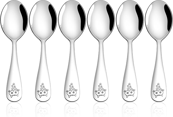 E-far Toddler Spoons, 6-Piece Stainless Steel Little Kid Spoons Set, Metal Small Utensils for Self-Feeding, Children Safe & Rounded Edges, Non-toxic & Dishwasher Safe