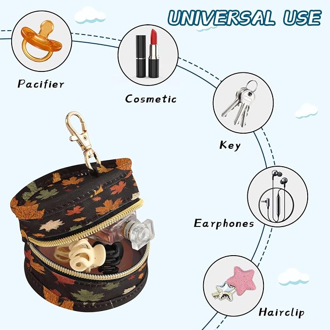 Pacifier Holder with Clip Pacifier Case for Diaper Bag Round Baby Pacifier Pouch Box Bag Portable Maple Leaves Black