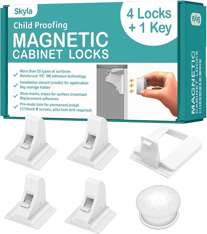 SKYLA HOMES Magnetic Cabinet Locks Baby Proofing Child Safety - The Safest Quickest and Easiest Multi-Purpose 3M Adhesive Child Proof Latches, No Screws or Tools Needed (4 Pack)