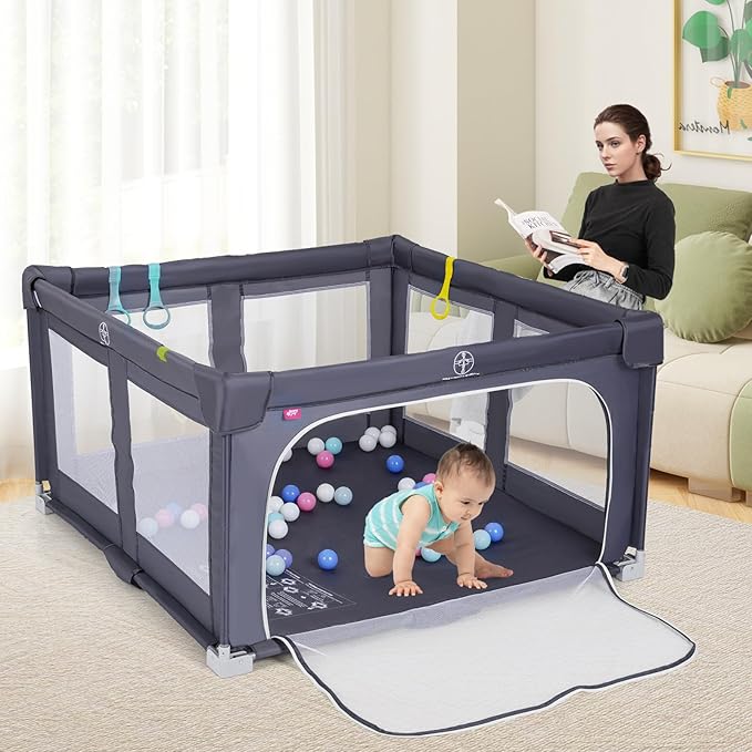 Costzon Foldable Playpen for Babies, 50''x50'' Portable Baby Play Pen with 50 PCS Ocean Balls, 4 Handles, Carry Bag, Visible Mesh, Kids Activity Center with Gates, Indoor & Outdoor Gate Play Pen
