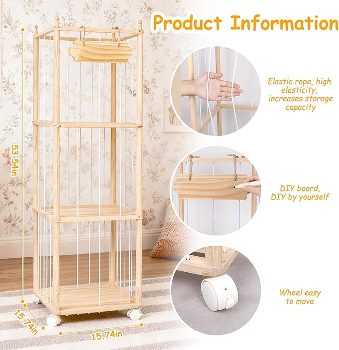 Stuffed Animal Toy Storage - Wooden Large Organizer Holder for Kids' Room and Playroom - Plush Zoo Animals Holder with Elastic Cords & Brake Wheel for Toddler Bedroom Toys Stuff Organization