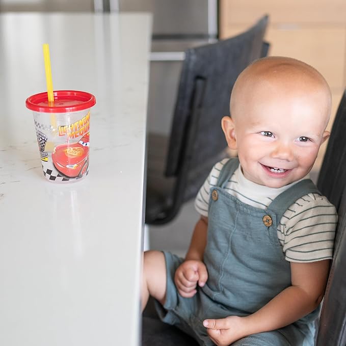 The First Years Cars Take & Toss Toddler Straw Cups Party Pack - Spill Proof Toddler Sippy Cups with Snap-On Lids and Straws - Cars Party Supplies - 10 Oz - 10 Count