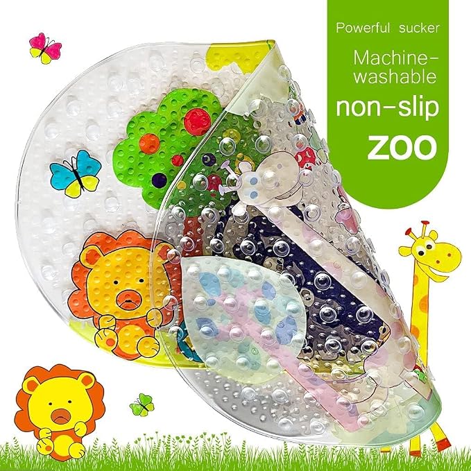 PTAPIPI Sea Animal Kids Bath Mat - 27x15 Inch Oval PVC Mat with Suction Cups, Machine Washable, Colorful Design for Children (Animal World)