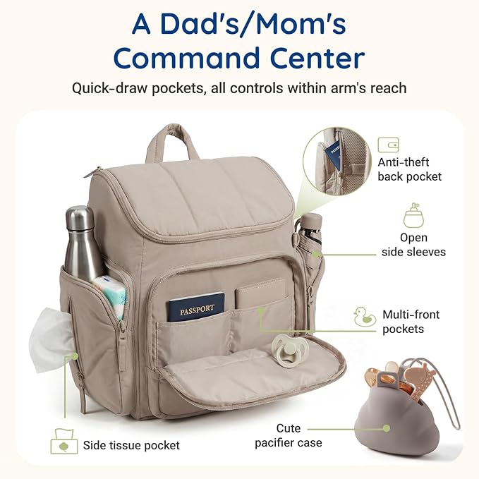 mommore Diaper Bag Backpack, Baby Bag with Waterproof Changing Pad and Stroller Straps for Toddler, Diaper Backpack for Mom Dads with Insulated Pockets & Pacifier Case, Baby Essential, Checkered Khaki