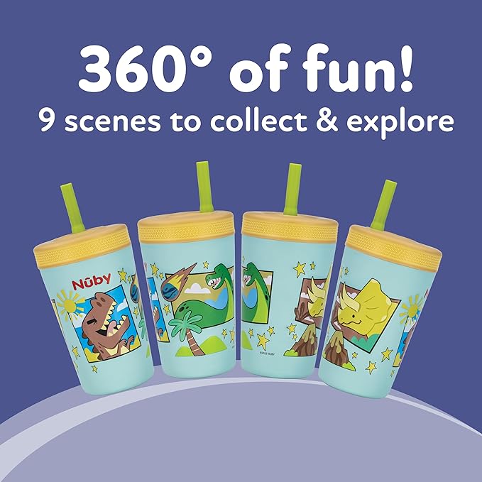 Nuby Thirsty Kids Insulated Toddler Cup with Silicone Flexstraw - 12 oz - Stainless Steel and Leak-Resistant - 18+ Months - Dinosaurs