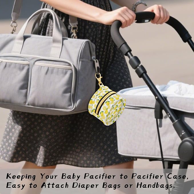 Baby Pacifier Case with Clip, Lemon Pattern Portable Pacifier Holder, TPU Lined Dust-Proof Storage Pouch for Diaper Bag and Stroller