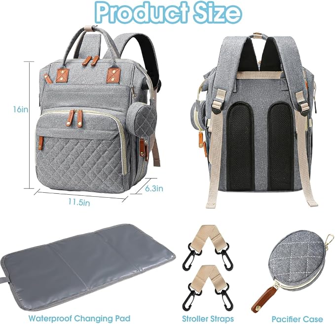 Diaper Bag With Changing Pad, Travel Waterproof Bagpack Diaper Bag For Mom Dad With USB Charging Port, Large Capacity & Multifunctional With Insulated Pacifier Case - Grey