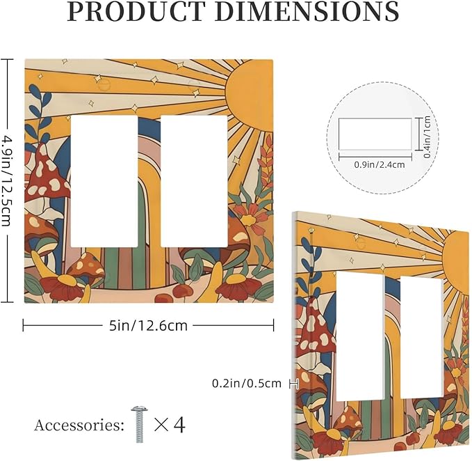 Boho Sun Rainbow Mushroom Hippie Vintage Floral Decorative Outlet Covers 2 Gang Double GFCI Rocker Electrical Wall Panels Light Switch Cover Plate for Kids Room Nursery Decor