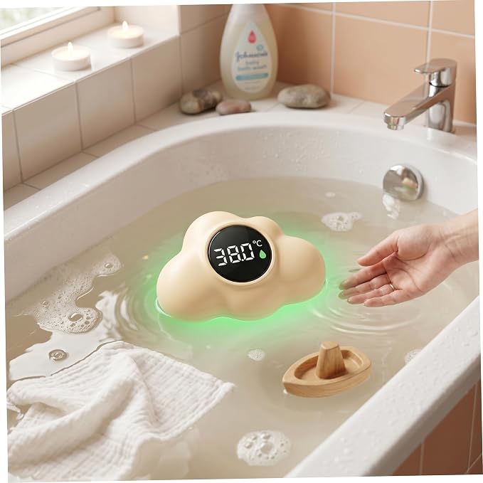 Bath Water Thermometer, Digital Baby Bath Thermometer, 3-Color Temperature Alert Floating Cloud Shape for Newborns, Yellow, Water, Baby