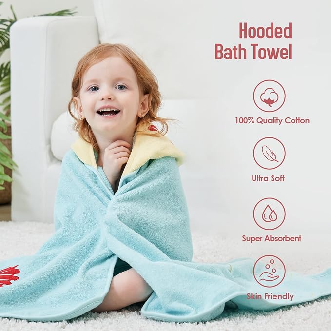 Style Quarters Premium 100% Cotton Terry Kids Beach Towel with Mermaid Embroidery - Hooded Bath Towel for Toddlers, Cyan 50"x24"