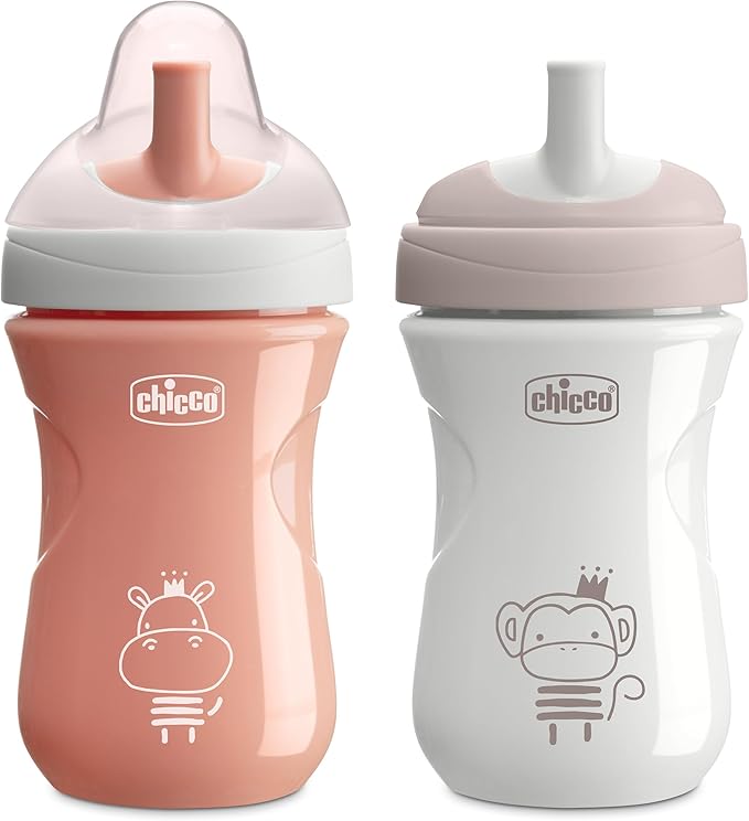 Chicco Sport Spout Sippy Cup 9+ Months, 9oz Toddler Training Cup with Bite-Resistant No-Spill Spout, Easy Grip, BPA-Free, 2-Pack, Coral/Grey