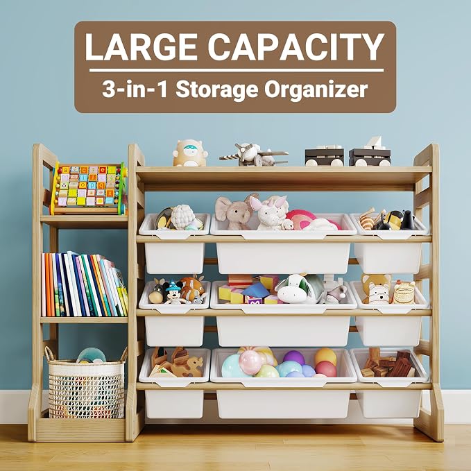 Kids Toy Storage Organizer with Bookshelf, Wooden Toy Shelf with 3 Open Shelves and 9 Removable Bins, Extended Base Sturdy Storage Cabinet for Playroom, Kids Room, Nursery Organization