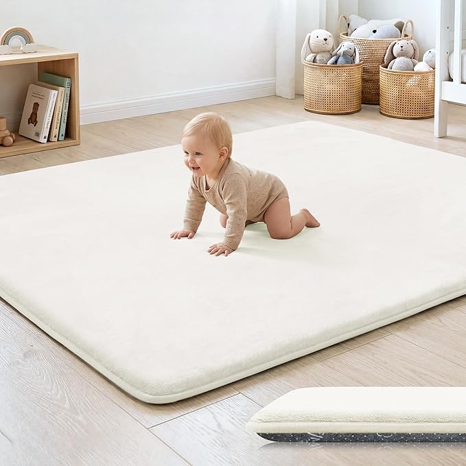 1.3" Thick Baby Play Mat for Floor, 79x79 Playpen Mat, Pro Soft Flannel Foam Mats Toddler Infant Kids Crawling for Nursery Rug Playroom Living Room Waterproof Easy Care Non-Slip (Ivory)