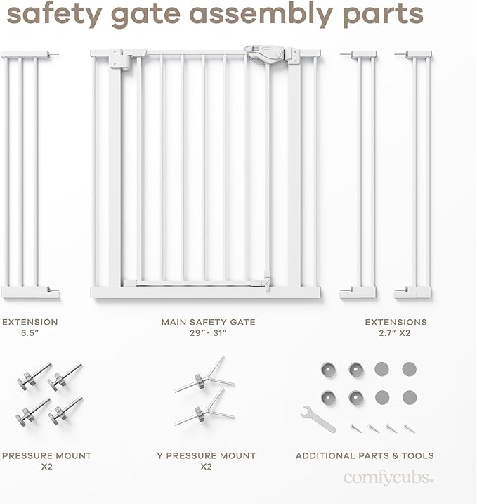 Comfy Cubs Baby Safety Gate with 3 Extensions - Adjustable 42" x 1.9" x 30" Q195 Steel Doorway Barrier - Powder-Coated Finish for Stairs and Doorways - Walk-Through Design Pet Gate - White