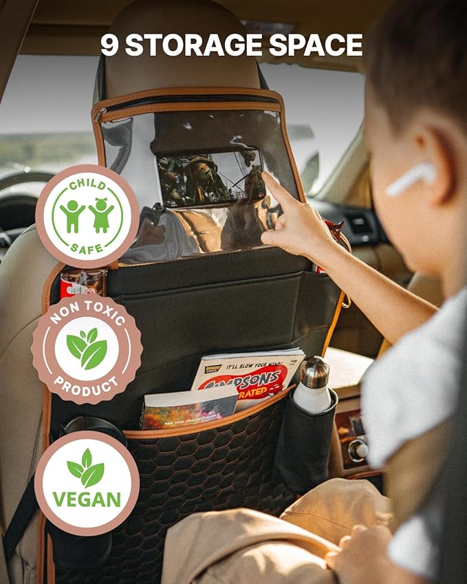 Owleys Back of Seat Organizer for Kids | Car Storage Caddy ??8 Pockets + Transparent Tablet Holder | Waterproof Eco-Leather | 27.5' x 18.5' | Brown+Black