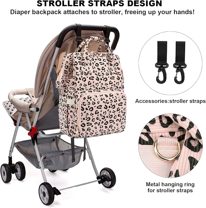 Corduroy Diaper Bag Backpack for Baby Girls Boys, Women Large Nappy Bags for Mom (Pink Corduroy Leopard)