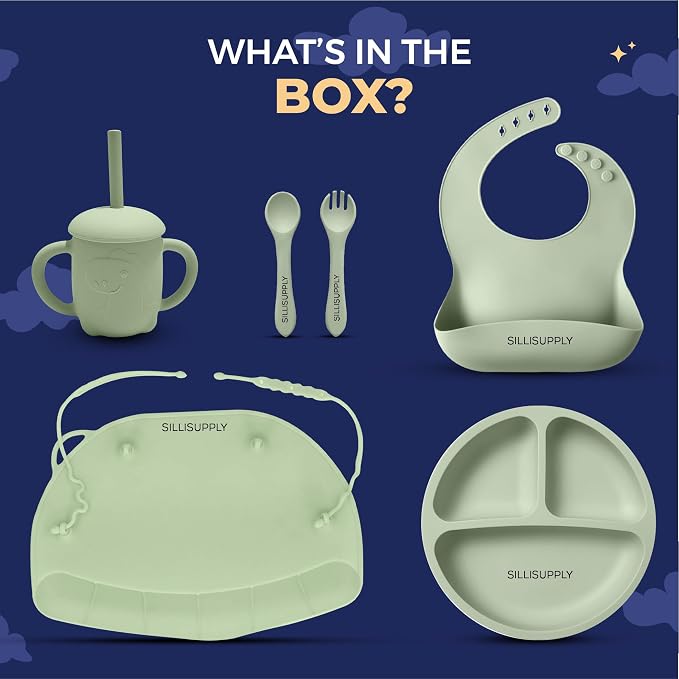 SilliSupply Silicone Baby Feeding Set with Utensil Holders & Catch Compartment - Innovative Weaning Kit with Bib, Spoon, and Suction Mat