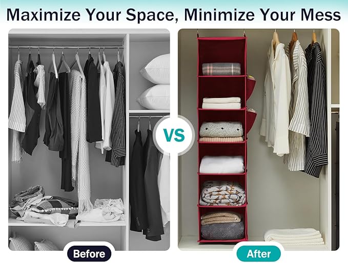 YOUDENOVA Hanging Closet Organizer and Storage, 6-Shelf Closet Hanging Storage Shelves, Dark Red