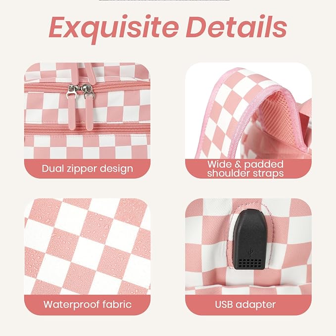FHELAD Checkered Diaper Bag Backpack with Changing Pad & Stroller Clips, Large Travel Baby Diaper Bag for Newborn Moms, Baby Shower Gifts (Peach Pink)