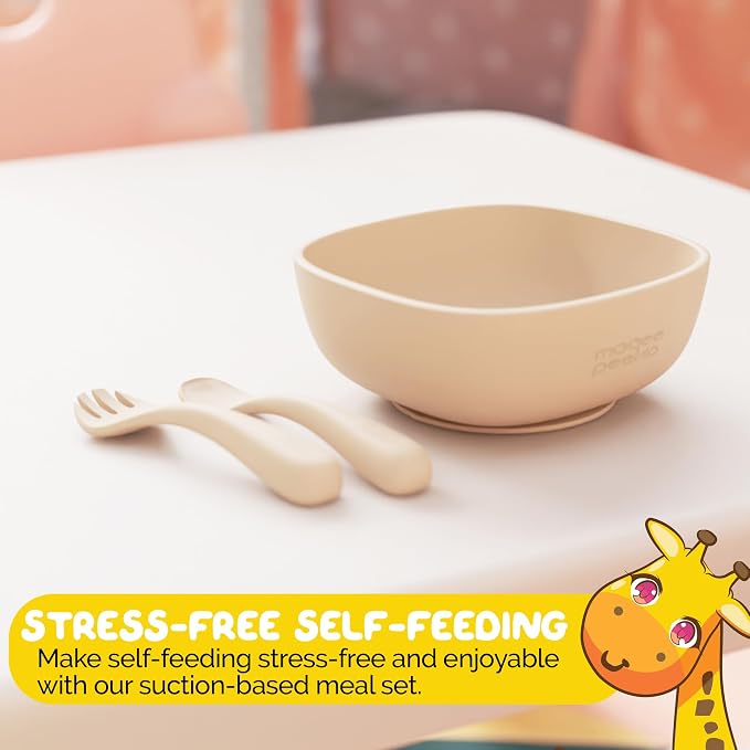Silicone Baby Feeding Set with suction bowls for baby baby utensils 6-12 months in Beige color - (3 Piece Set) made with Baby Safe Silicone bowls for baby
