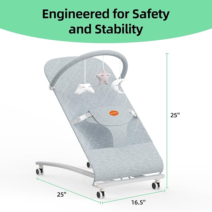 Portable Baby Bouncer Seat 0-18 Months,Detachable Piano & Hanging Toys,3-Level Recline (Rock/Fix),Foldable with Quiet Wheels,Baby Shower