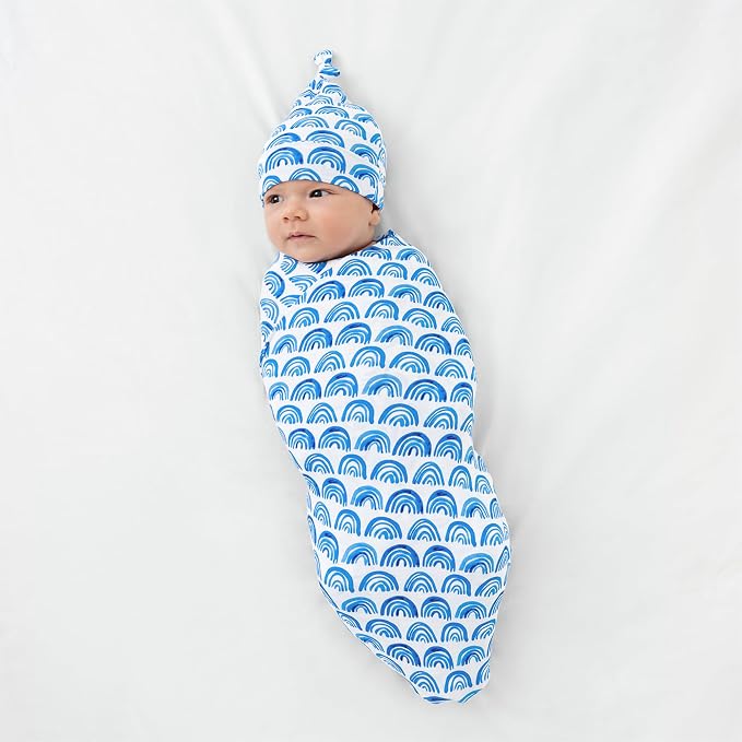 Little Sleepies Swaddle & Hat Set, Baby Swaddles Newborns, Soft Viscose from Bamboo Swaddle Blanket Wrap (Blue Rainbows)
