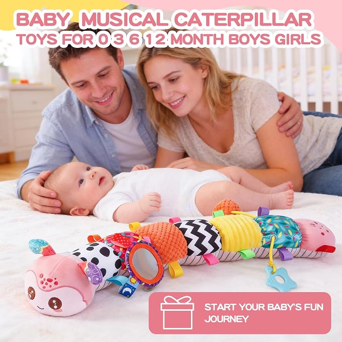 Baby Toys 0-6 Months, Musical Toys for Pink Caterpillar, Infant Stuffed Animal Soft Sensory Toys with Crinkle、 Rattles and Textures, Tummy Time Toys for Newborn Boys Girls 0 3 6 12 Months