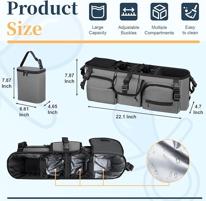 GDNasist Double Stroller Organizer Compatible with Bob Duallie and Baby Jogger City Mini GT2, Double Baby Stroller Accessories with Cooler Bag, Parent Console Double Jogging Stroller Caddy, Grey