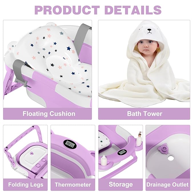 MoreFeel Collapsible Baby Bathtub for Newborn with Thermometer & 1 Hooded Towel & 1 Soft Floating Cushion,Portable Travel Bathtub with Drain Hole, Durable Foldable Baby Tubs for Infants to Toddler