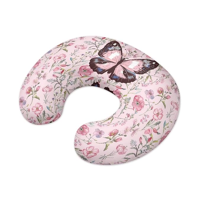 Pink Flower Butterfly Baby Fashion Nursing Pillow Cover Baby Breastfeeding Slipcover Newborn Safety and Comfy Cover for Daily Life, 1 Pack