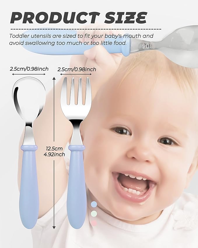 DF DUALFERV 10 pcs Toddler Utensils, Stainless Steel Toddler Silverware Set with Round Handle, Baby Forks for Self Feeding, 5 Forks and 5 Spoons