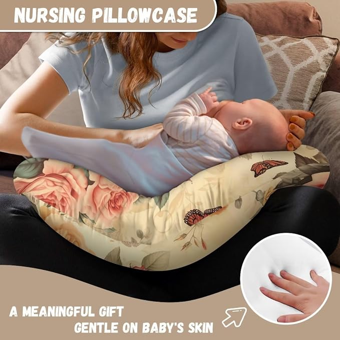 Butterfly Rose Nursing Pillow Cover for Maternity Mom, Stretchy Breathable Breastfeeding Bottle Feeding Pillow Cover Universal for Most Standard Nursing Pillow Washable